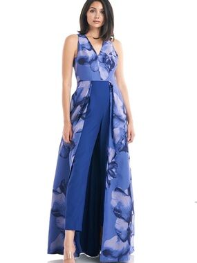 Kay Unger New York Reign Sleeveless Walk-Thru Jumpsuit Embroidered Blue Floral